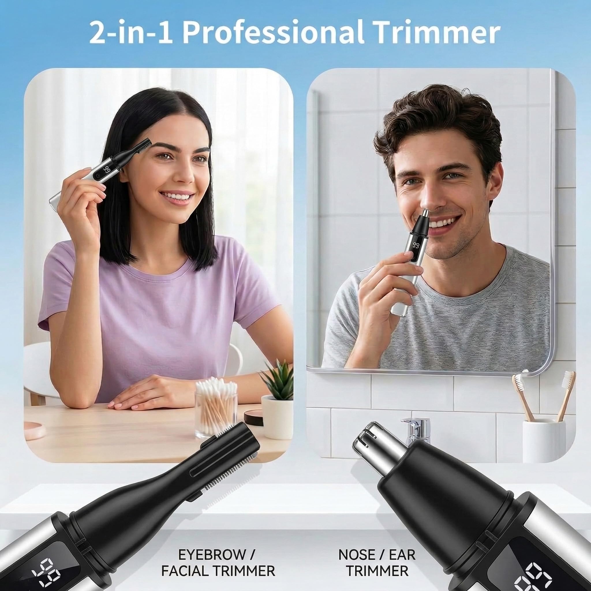 JISHO 2-in-1 Nasenhaartrimmer Augenbrauentrimmer für Herren Damen mit LED Anzeige 8000 U/min Leistungsstarker Motor, USB-C Wiederaufladbar, Schmerzfrei Nasen- und Ohrenhaarentferner, Wasserdicht