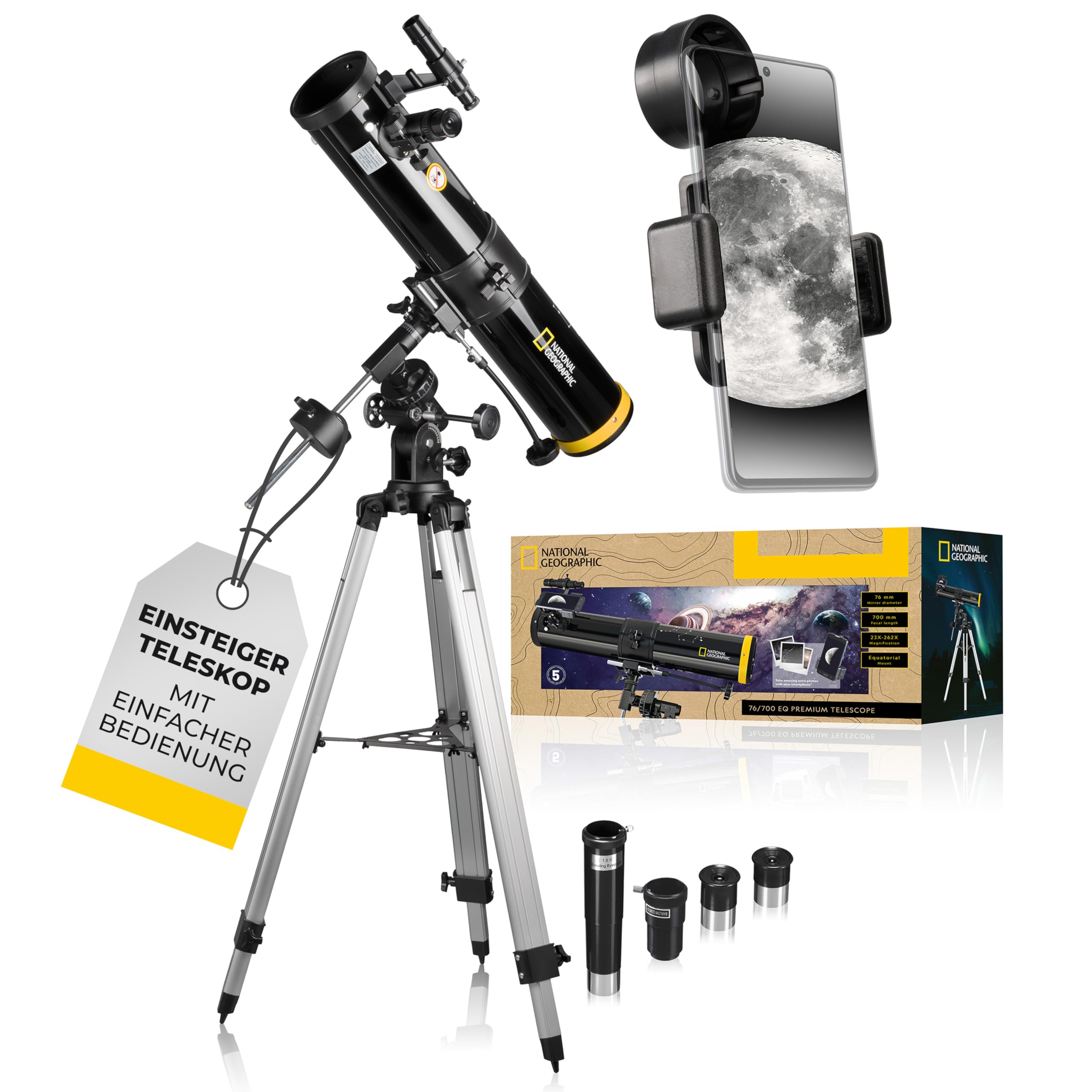 National Geographic 76/700 - Reflector telescopio para Principiantes, 76 mm, Montaje ecuatorial, Incluye Soporte para Smartphone y trípode