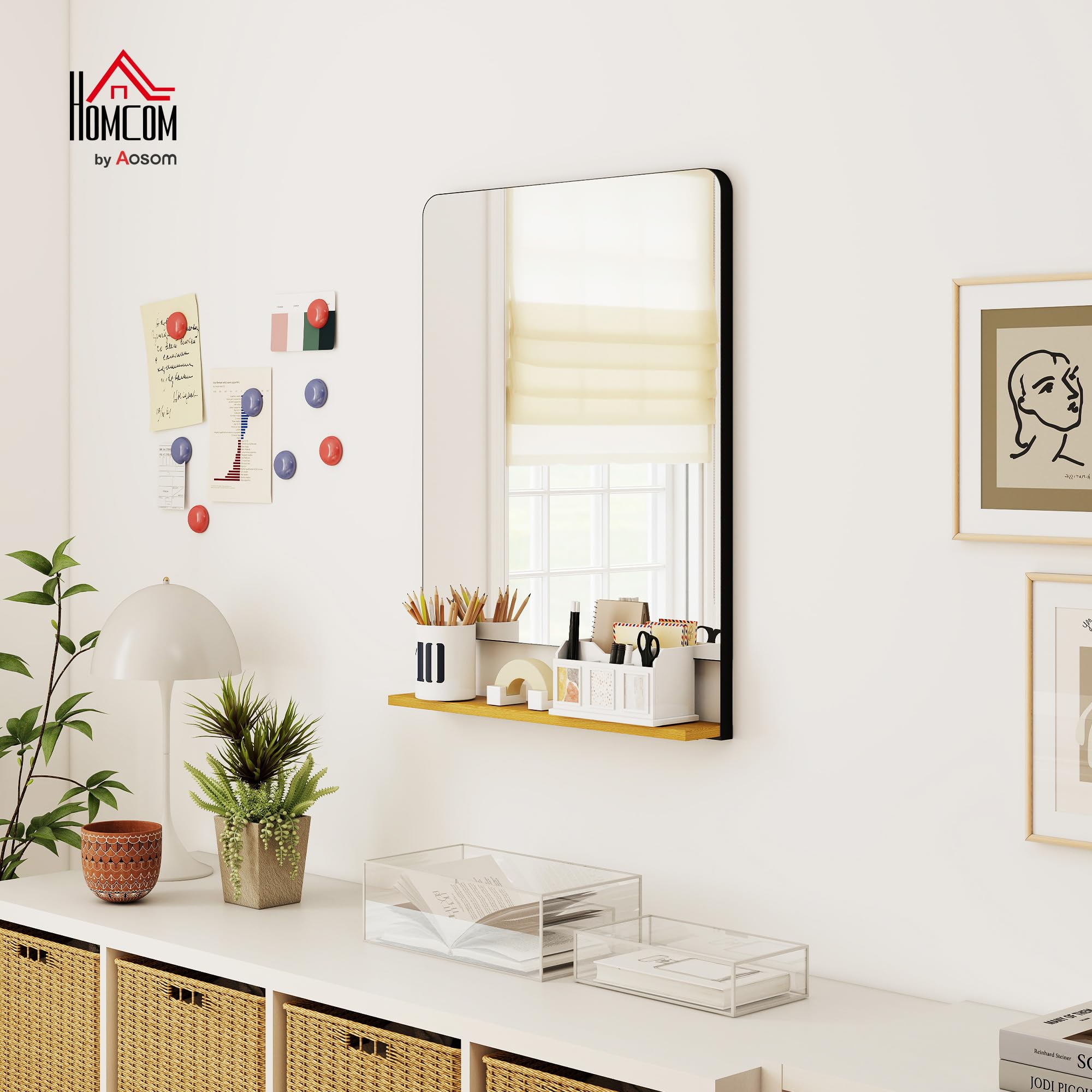 HOMCOM Espejo pared con estante madera 80x60 cm Marco metálico negro | Espejo rectangular, para entrada, salón, baño
