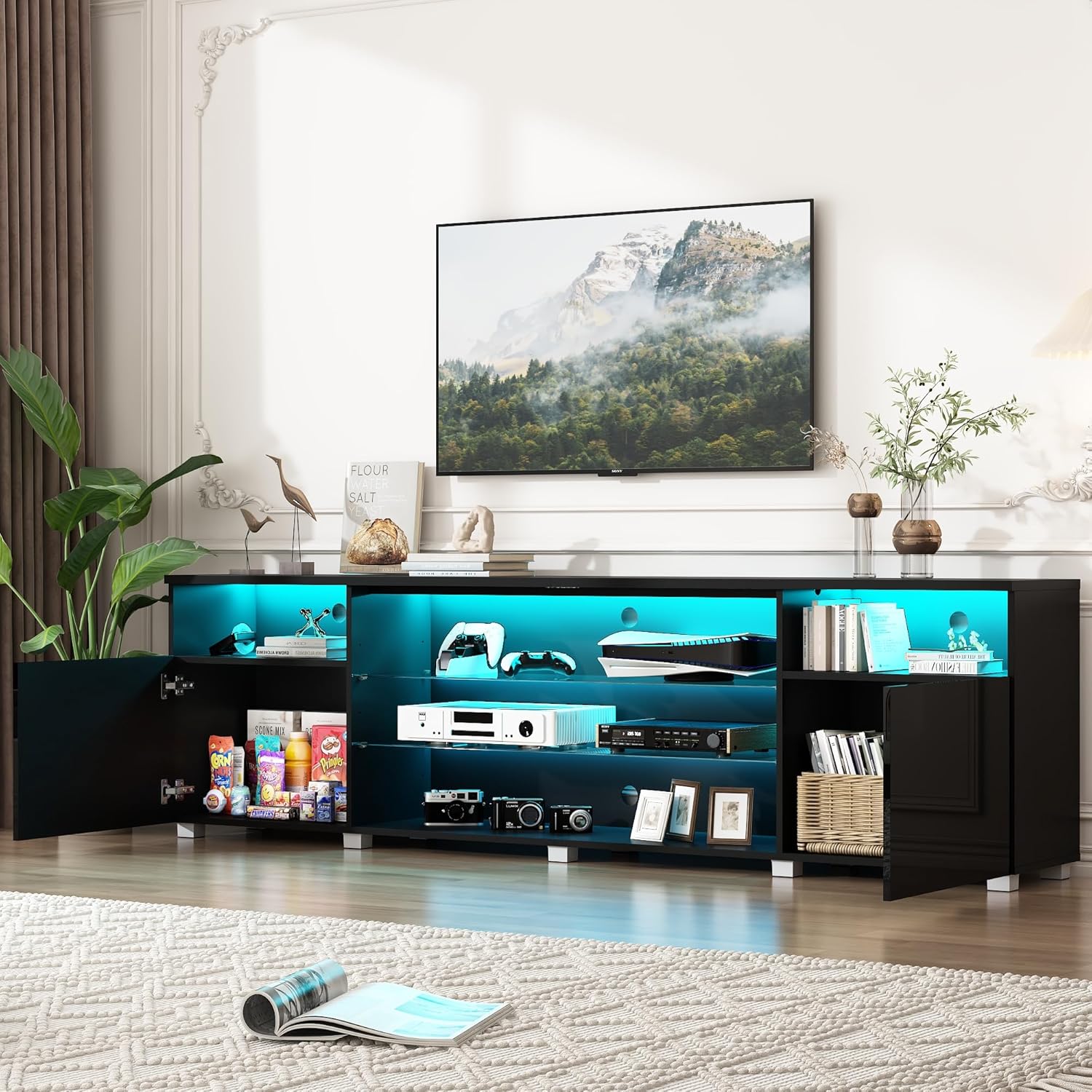 86.6" Large LED TV Stand for 90/100Inch TV, High Glossy Black TV Stand for Living Room Suitable for Projector,Modern Gaming TV Entertainment Center with Adjustable Storage Shelf,TV Console
