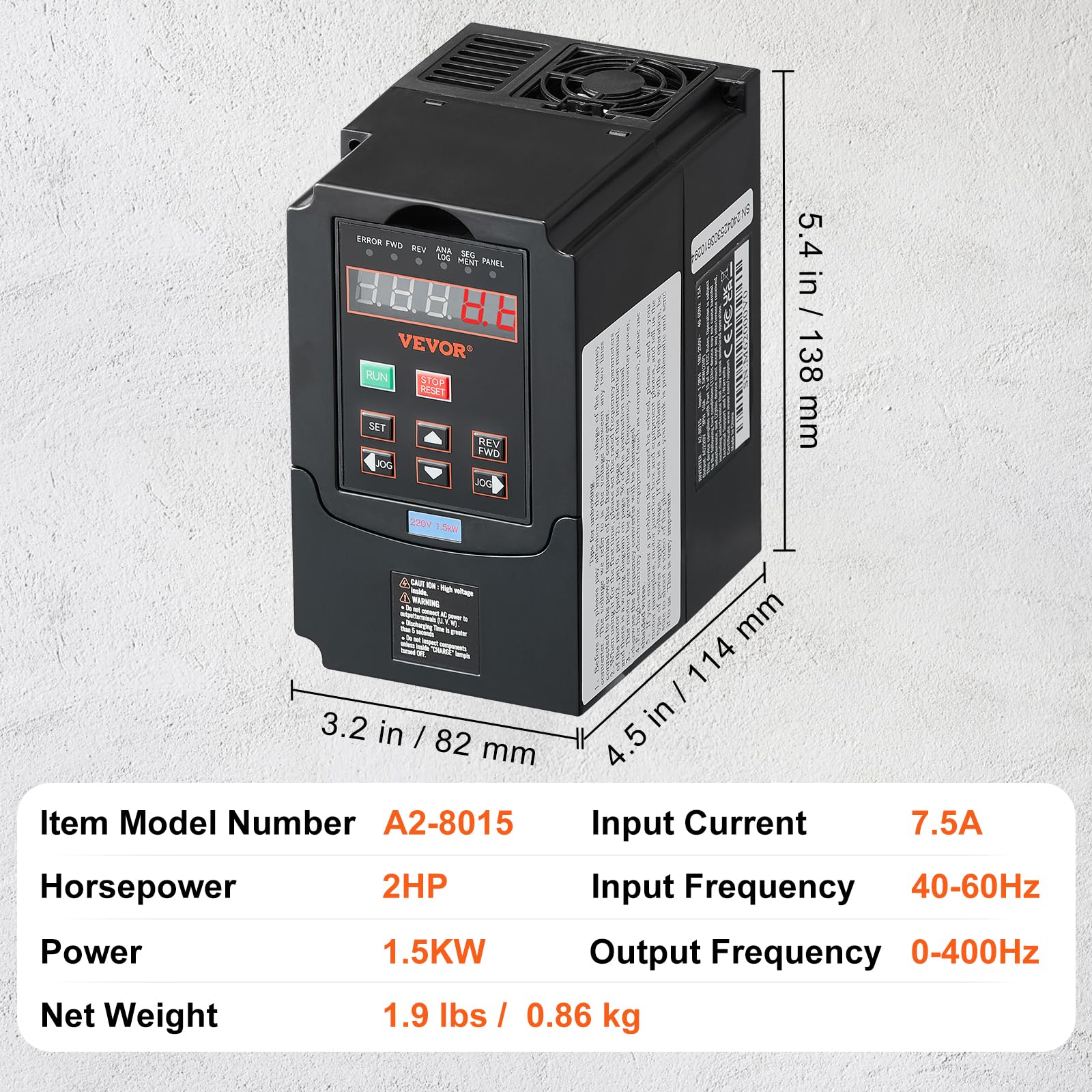VEVOR VFD 2HP, 1.5KW, 7.5A, 1 o 3 fases 220V entrada a 3 fases 220V salida variador de frecuencia, entrada 40-60Hz, salida 0-400Hz VFD para control de velocidad CNC del motor del husillo