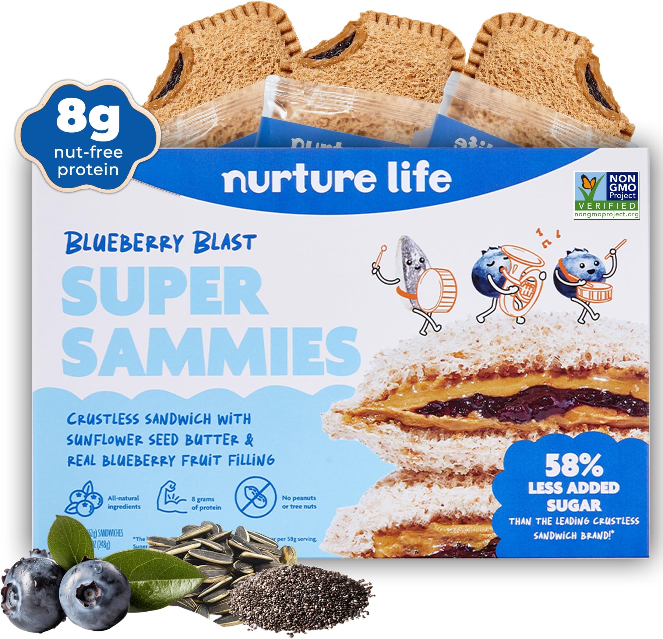 Nurture LifeCrustless Sandwiches, Blueberry Blast Super Sammies, Healthy Snacks for Kids and Toddlers, Nut Free, Allergen Friendly, Non GMO, Organic Focus, Fresh Toddler Meals, 1 Pack of 4 Sandwiches