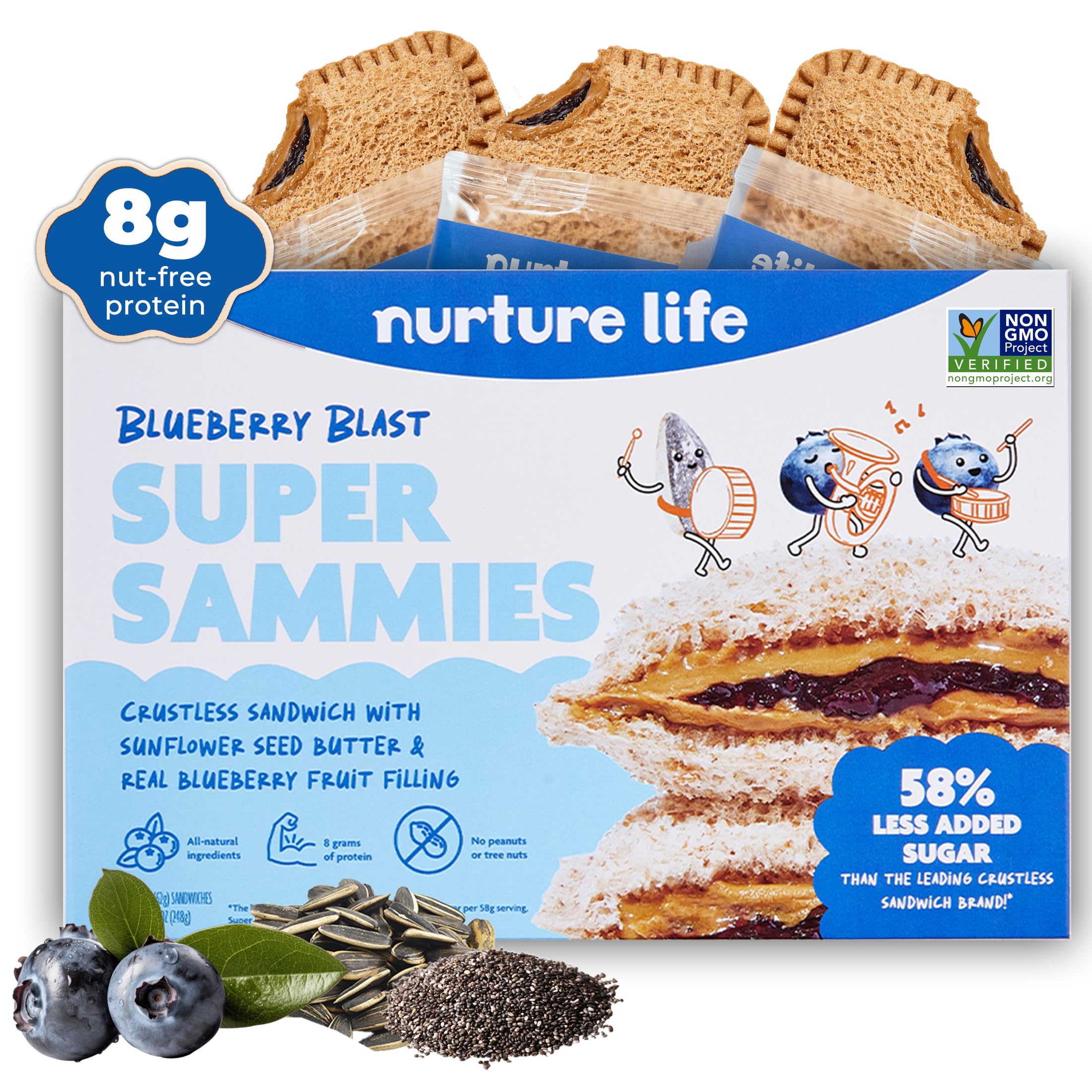 Nurture LifeCrustless Sandwiches, Blueberry Blast Super Sammies, Healthy Snacks for Kids and Toddlers, Nut Free, Allergen Friendly, Non GMO, Organic Focus, Fresh Toddler Meals, 1 Pack of 4 Sandwiches