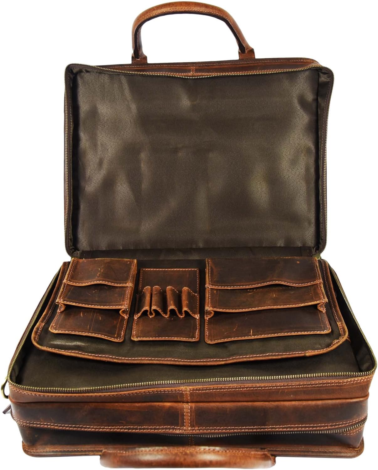 Buffalo Leather Briefcase - Hickory Brown, 17 Inch Laptop Bag with Adjustable Strap, Multi-Purpose Pockets, Durable & Stylish Design