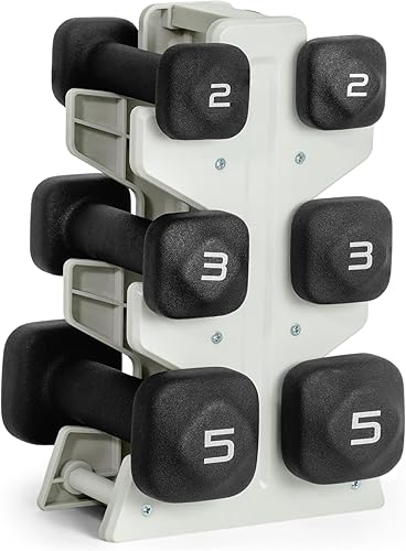 Tone Fitness Juego de mancuernas de neopreno con estante de almacenamiento, pesas de mano antideslizantes y antideslizantes para entrenamientos de