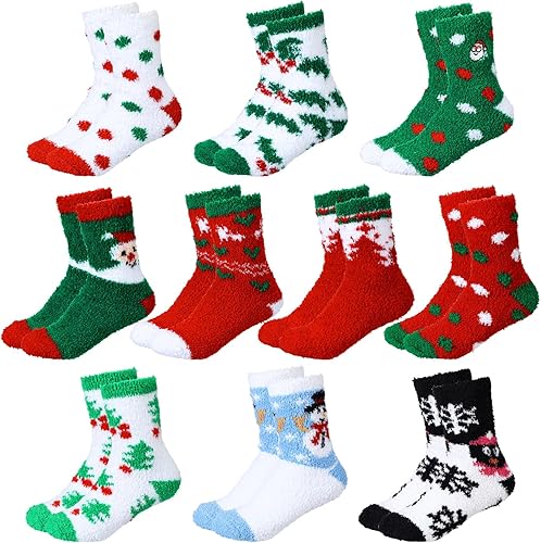 SATINIOR 10 pares de calcetines de Navidad mullidos y esponjosos, calcetines cálidos de Navidad, calcetines coloridos de felpa de Navidad