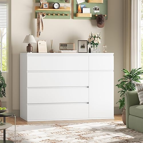 Miniatura 4 de FOTOSOK Cómoda de 5 cajones cómoda blanca para dormitorio cómoda moderna de mediados de siglo cómoda doble cómoda de almacenamiento con puerta