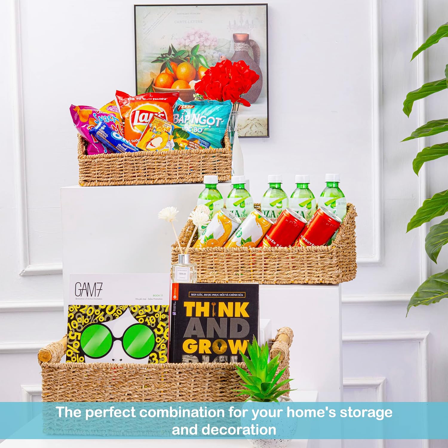 Wall Hanging Baskets for Kitchen and Bathroom, Small Wall Basket for Storage, Large Seagrass Storage Baskets for Organizing with Handles, Set of Natural Wicker Baskets for Shelves