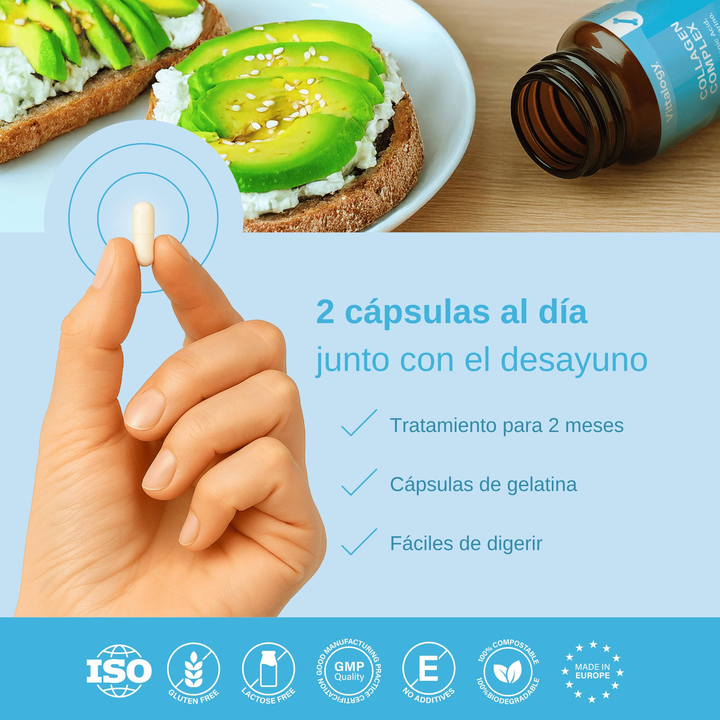 Collagen Complex Suplemento Natural de Colágeno Hidrolizado Marino con Ácido Hialurónico, Magnesio, Coenzima Q10 y Vitaminas A, B12, C y D. Colágeno para Articulaciones y Piel. 360 Cápsulas