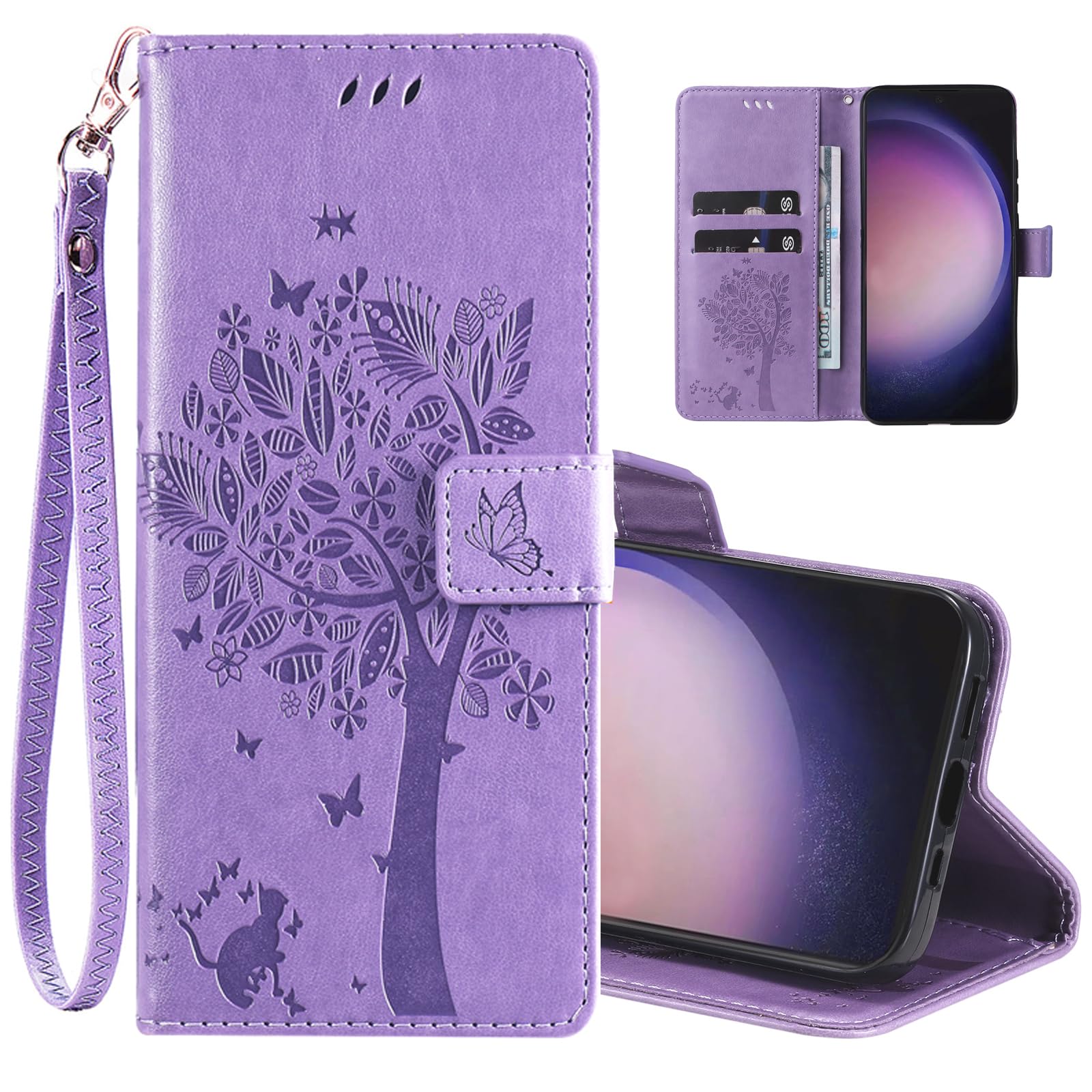 for Samsung Galaxy S24 Case Wallet for Women Man,PU Leather Tree Cat Flowers Embossed Wrist Strap Card Slots Pocket Kickstand Flip Protective Phone Case Cover for Galaxy S24 Light Purple