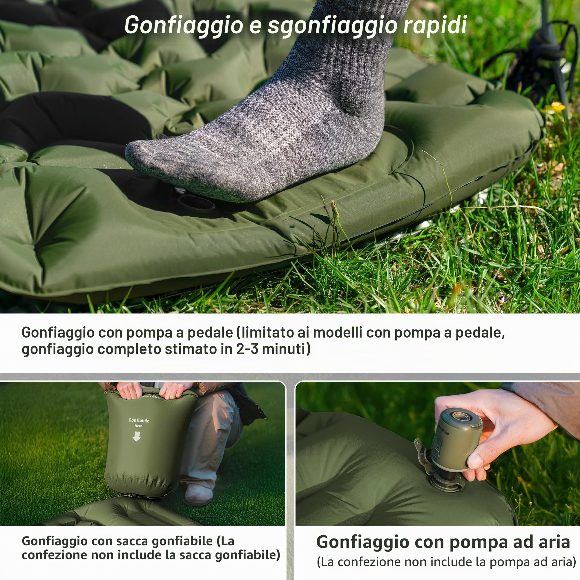 Naturehike Materassino da Campeggio con Cuscino, Ultraleggero, Gonfiabile, Pompa ad Aria Integrata, Facile da Gonfiare, Adatto per Tende da Trekking, Livello di Ingresso (Verde militare - Doppio)