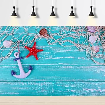 Blue Wooden Deck Backdrop Nautical Anchor Conch Shells Photography Background Marine Theme Seaman Sailor Backdrop Decorations for Kids Children Birthday Baby Shower Photo Booth Studio Props 7x5ft