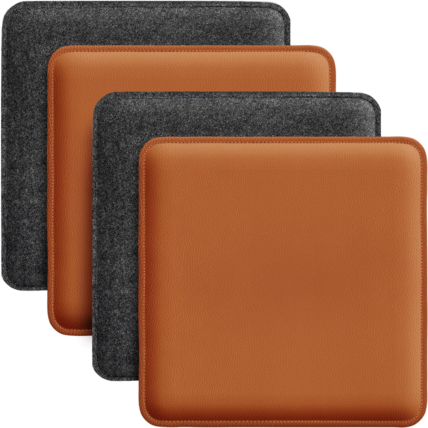 Miqio Design Coussin de siège | Coussin reversible rectangulaire en feutre et similicuir | Coussin de chaise 35x35 cm | Lot de 4 | Assise pour banc et chaise | Gris foncé-Coñac