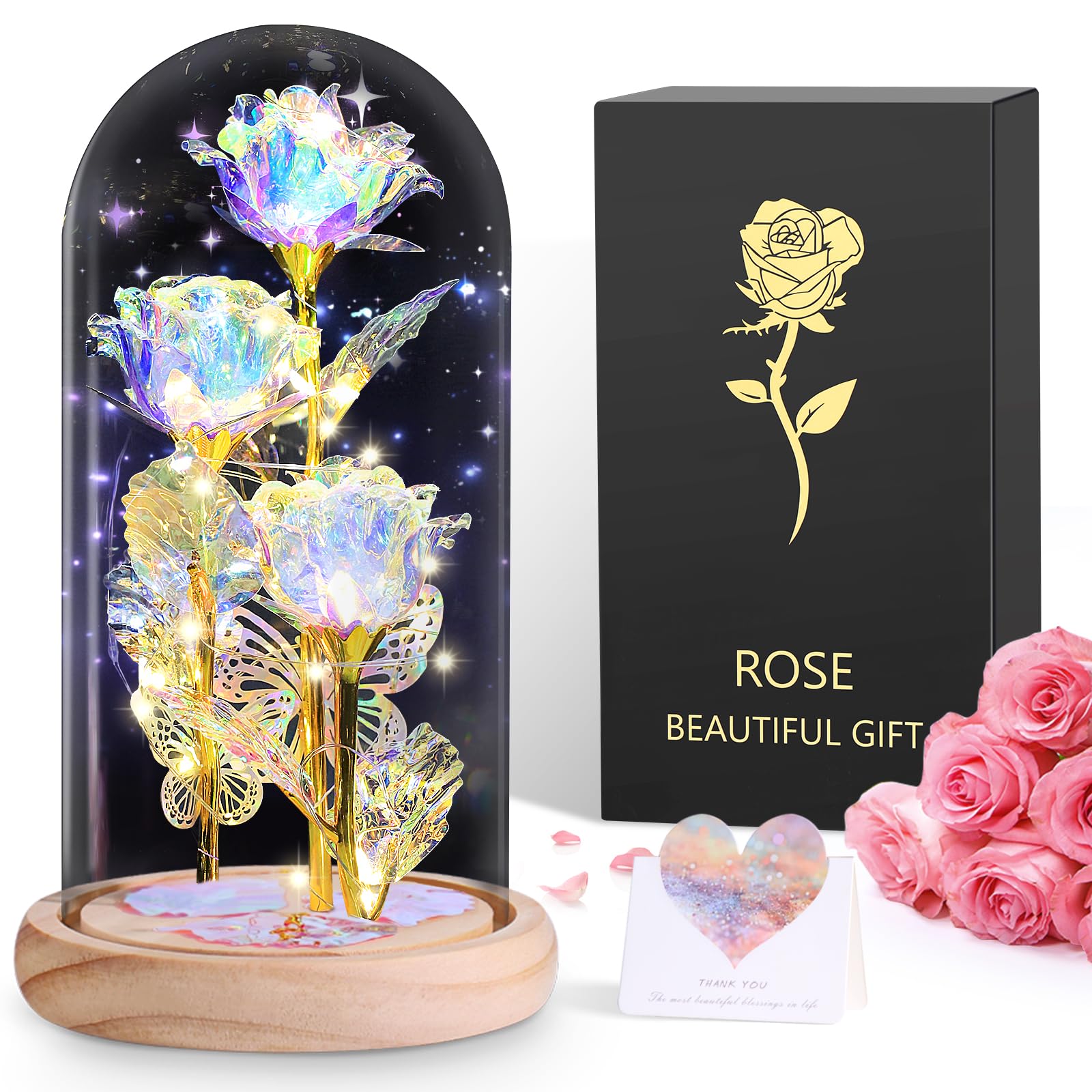 BOLEi Rose Gifts for Her, Eternal Rose In Glass, Everlasting Galaxy Flower w/LED, Birthday Christmas for Women, Her, Sister, Mom, Grandma