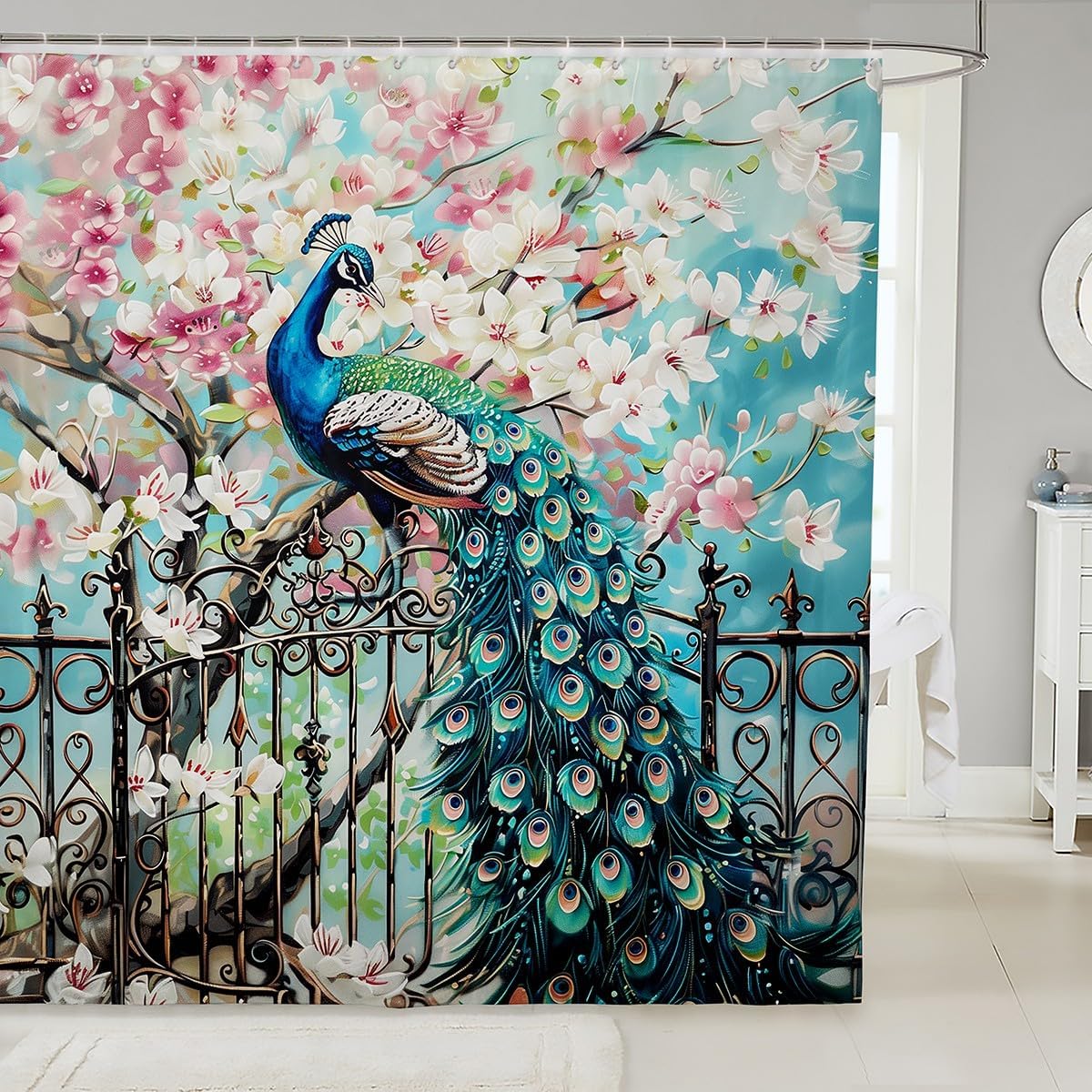 Castle Fairy Gorgeous Peacock Shower Curtain Pink White Cherry Blossom Bathroom Shower Curtain Set Japanese Style Bath Curtain Garden Fence Peacock Waterproof Curtains Room Decor 72 x 74 Inch