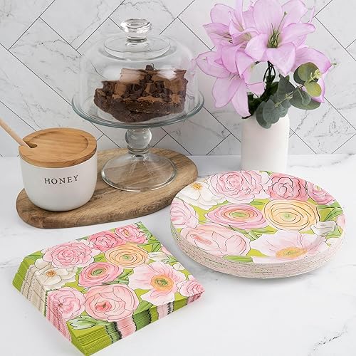 Miniatura 3 de Juego de 48 platos y servilletas de papel floral, elegante vajilla desechable resistente para cumpleaños, baby showers, almuerzo de novia, fiesta de