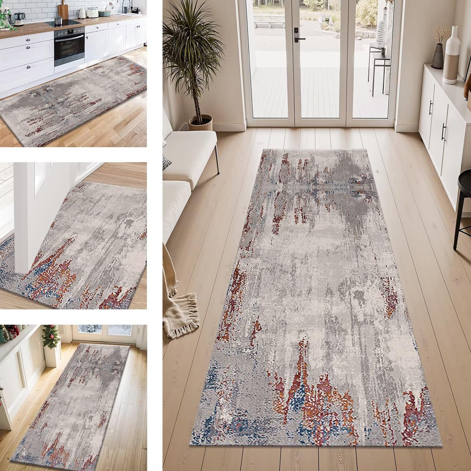 Teppich Läufer Flur Küche rutschfest Abstrakt Teppichläufer Kücheläufer Waschbar 120X400CM Meterware Küchenteppich Flurteppich Wohnraum Schlafzimmer Kinderzimmer Schmutzfangläufer