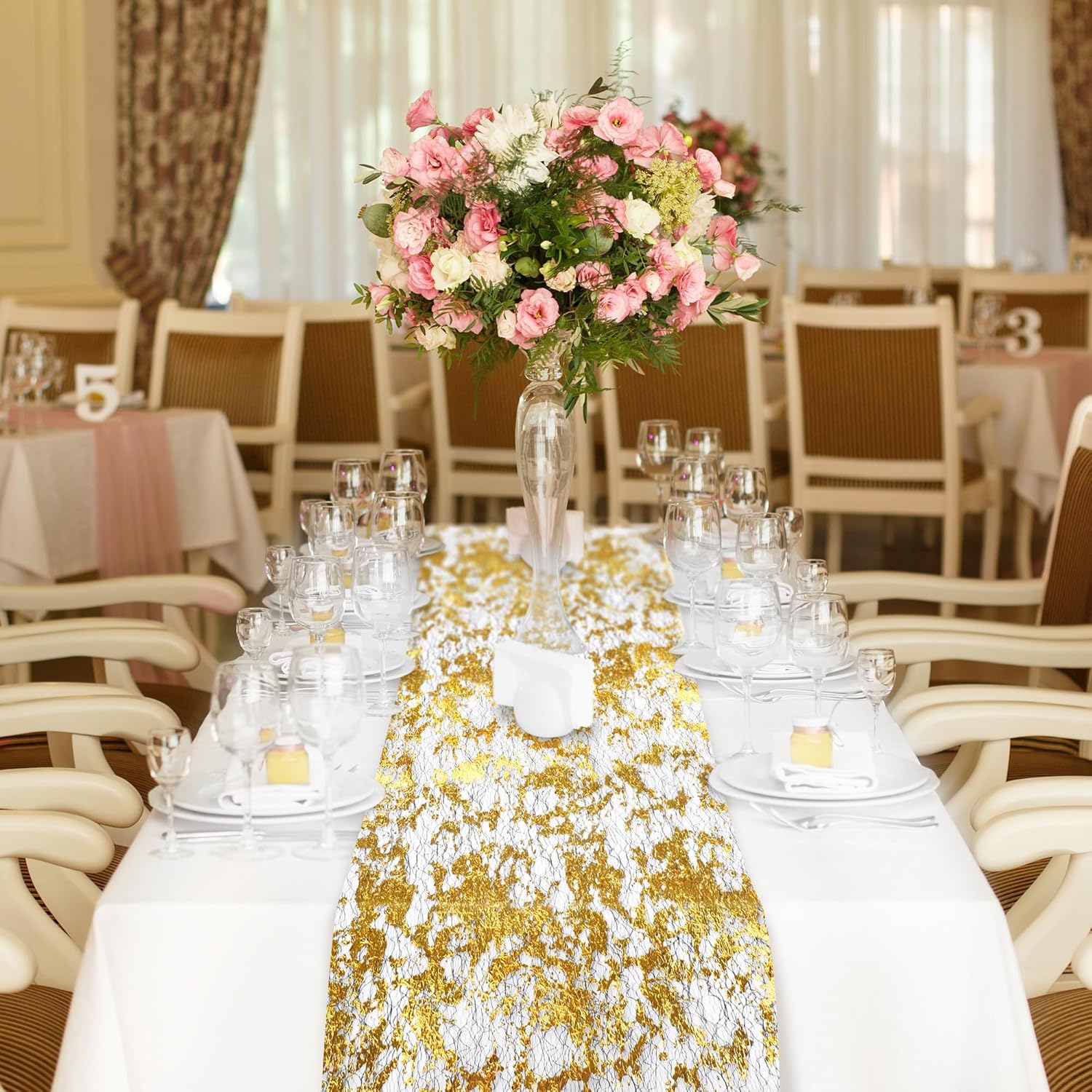 Aneco 12 Pieces Metallic Glitter Table Runner 84 x 11 Inches Black and Gold Glitter Mesh Table Runners Sparkle Rectangle Runner Roll Decorations for Wedding Baby Shower Birthday, DIY Home Decor