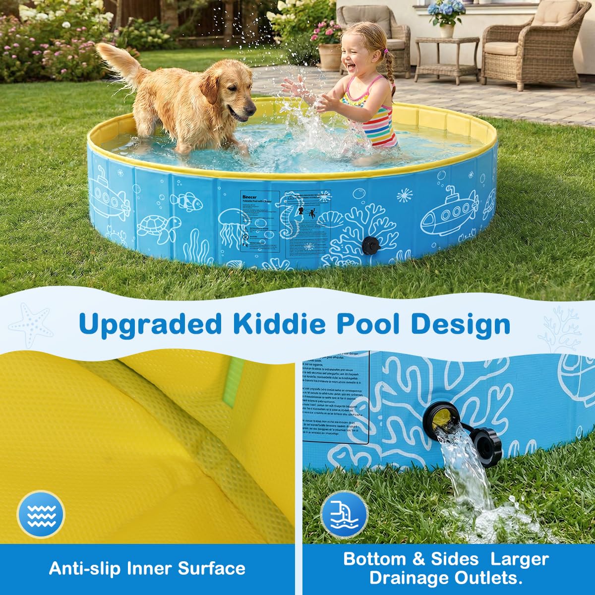 Binecer Foldable Kiddie Pool with Canopy, 47IN Portable Hard