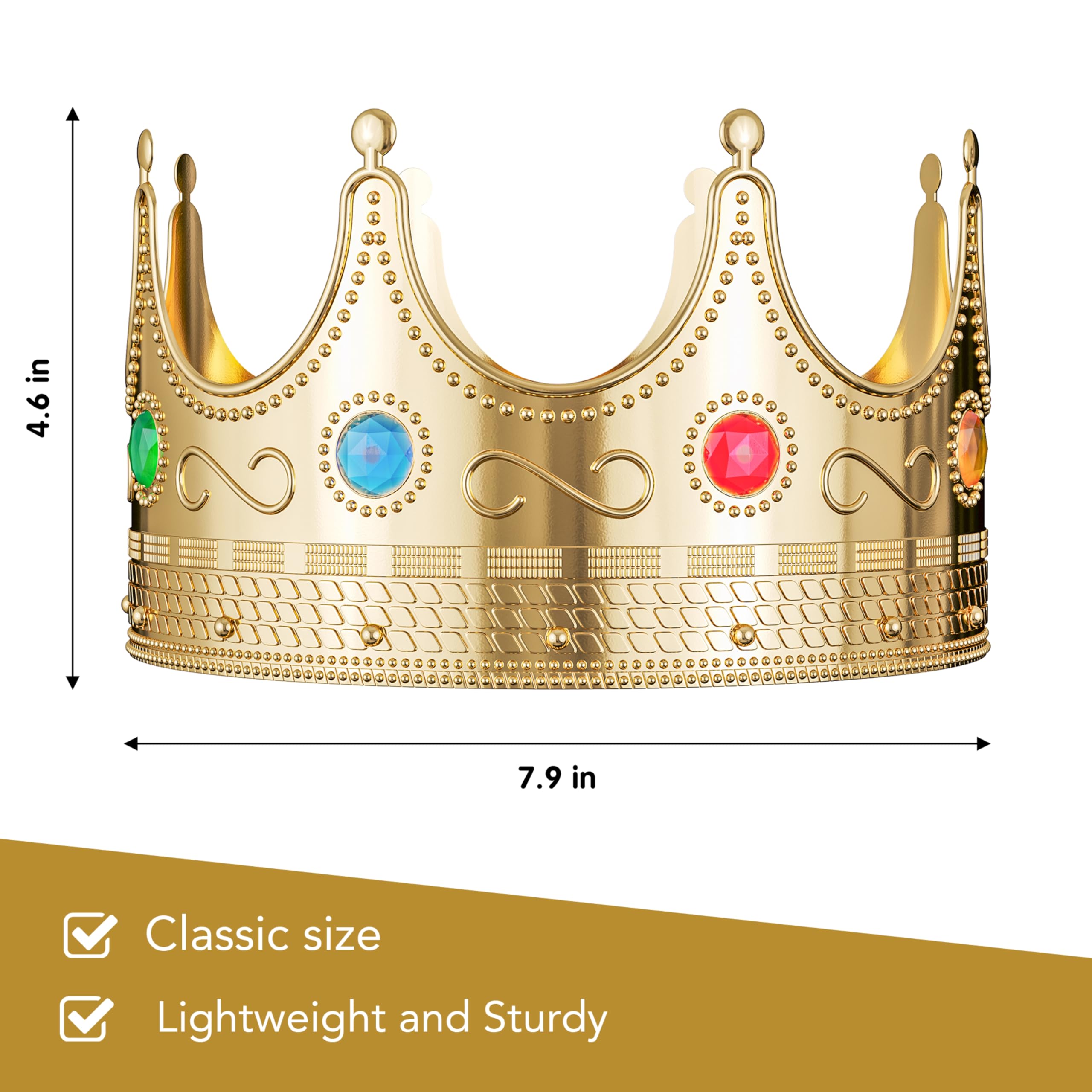 Gold Crown Display Royal Queen and King Crown Luxurious Royal Crowns for Women and Men - 0.75" x 8" Perfect for Parties Prom King Regal Decor & Crowns for Kids Royalty Themed Events