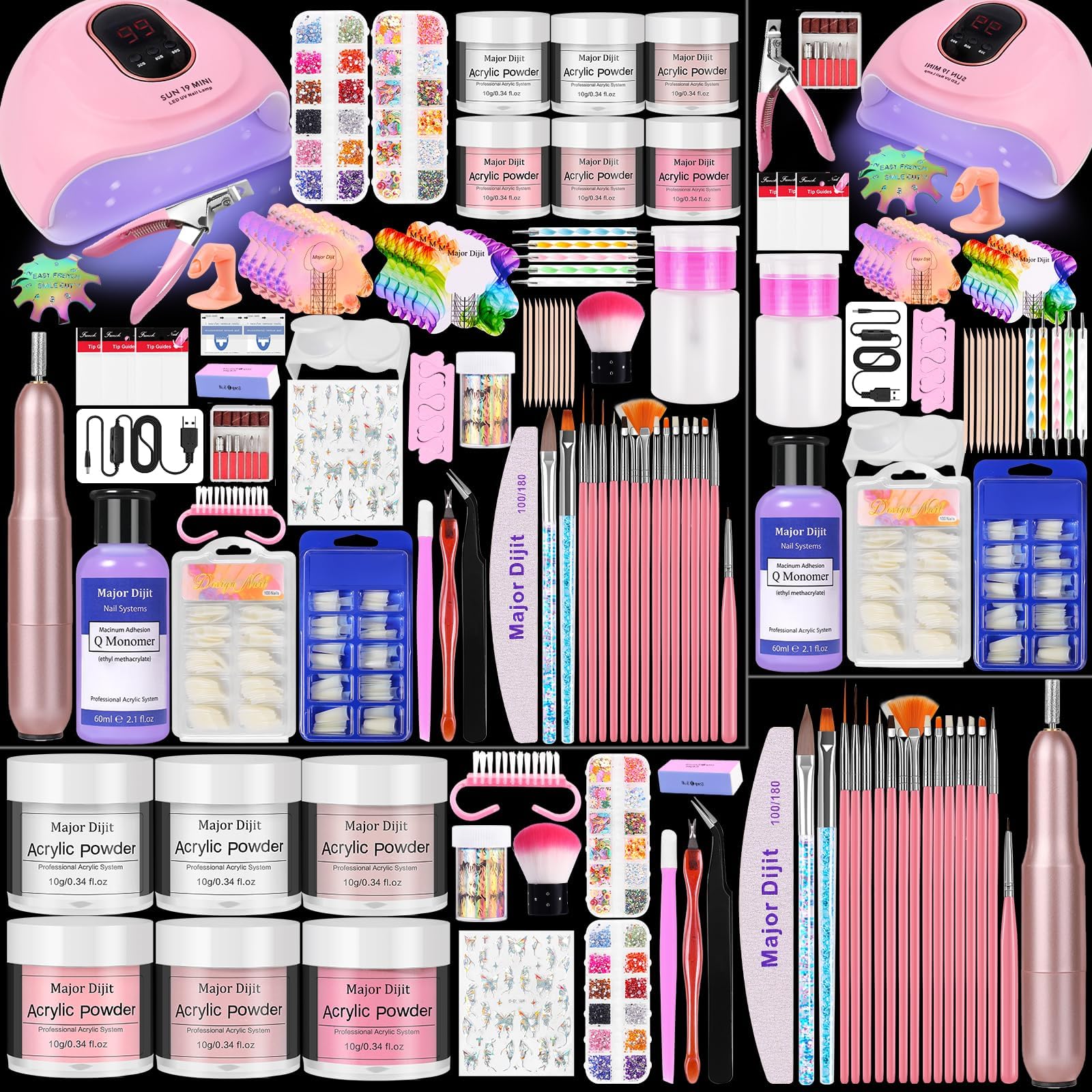 Acrylic Nail Kit with liquid Monomer,6 colors Glitter Acrylic powder UV Lamp for Beginners with Everything Nail Supplies (White)