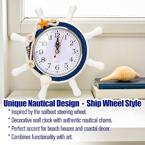 Miniatura 9 de Reloj de pared mediterráneo, volante, estilo náutico, timón de madera, timón, timón, reloj de escritorio con cuerda y carcasa, decorativo, playa,