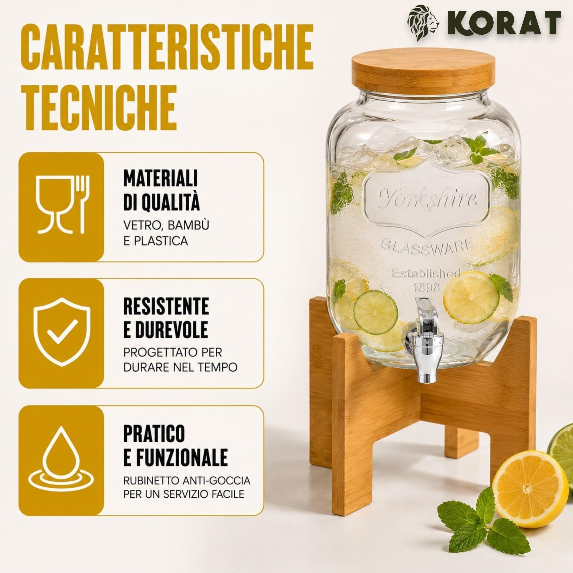 KORAT - Dispenser Bevande in Vetro con Rubinetto e Supporto in Bambù, Contenitore per Acqua, Limonata, Cocktail e Succhi, Tappo Ermetico, 8 LT - 18x24x44 Cm
