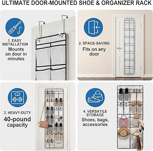 Miniatura 8 de Organizador de zapatos sobre la puerta con 14 bolsillos grandes de malla, almacenamiento colgante que ahorra espacio para zapatos y accesorios,