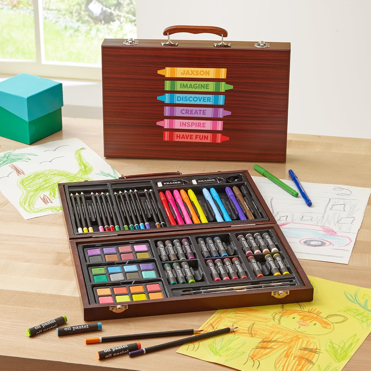 Let's Make Memories Personalized 80-Piece Deluxe Art Set - for Kids - Wood Carrying Case - Oil Crayons, Colored Pencils, Watercolors - Arts & Crafts - Palette Design - Add Name - Creative Crayons