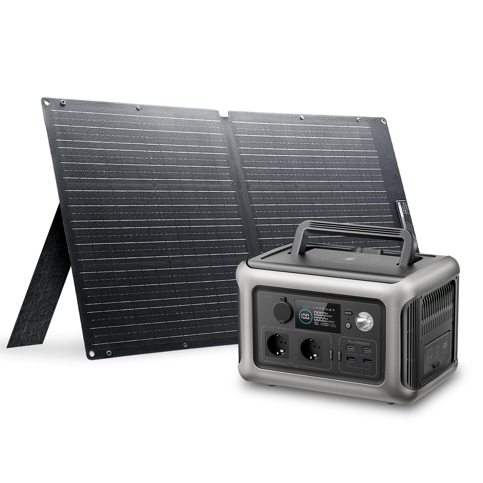 ALLPOWERS R600 Tragbare Powerstation mit Solarpanel 100W SE100, 299Wh Solargenerator mit 600W AC/100W USB-C Ausgang, LiFePO4 Batterie Schnellladung Solar Powerstation für Camping, Wohnmobil