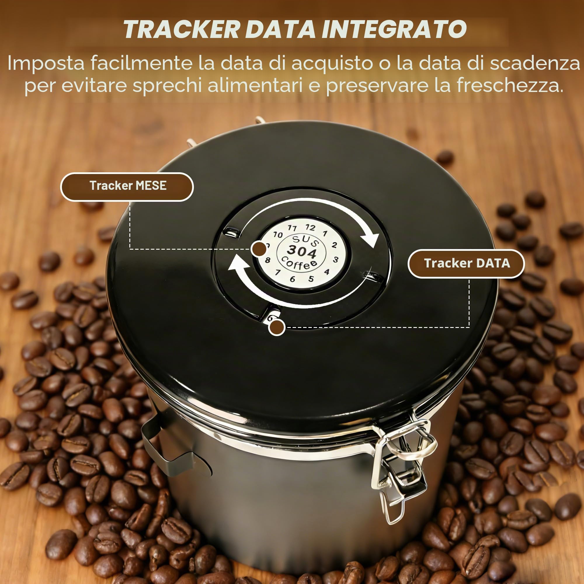 Barattolo Ermetico per Chicchi di Caffè da 1 KG, Contenitore per Chicchi in Acciaio Inox, 2.8L, Sottovuoto per Chicchi di Caffè, Polvere di Caffè, Tè, Zucchero
