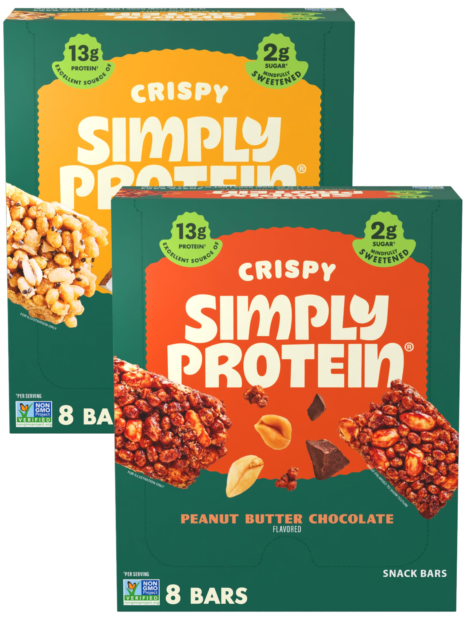 Simply Protein - Crispy Bars Variety Pack, Peanut Butter + Lemon Coconut - Plant Based Protein Bars - 13g Protein, 2g Sugar, 7g Fiber - Vegan, Gluten Free, Non GMO, Kosher - 16 Bars, 2 Boxes