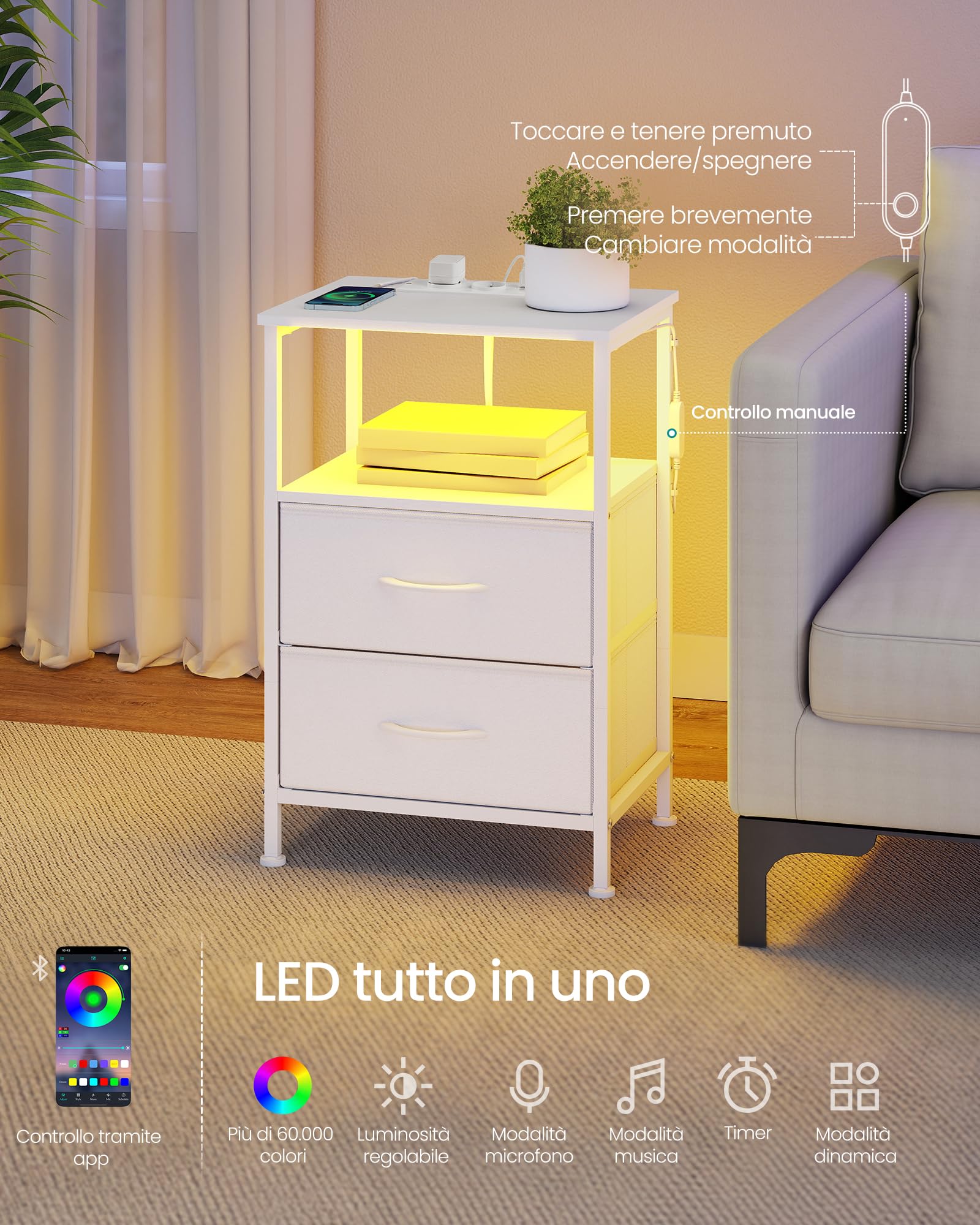 SONGMICS BELLAH Collezione - Comodino con Prese, Tavolino con LED Regolabile Controllato da APP, 1 Ripiano, 2 Cassetti, Camera da Letto, Moderno, Set di 2, Bianco Nuvola e Bianco Neve LGS202W102
