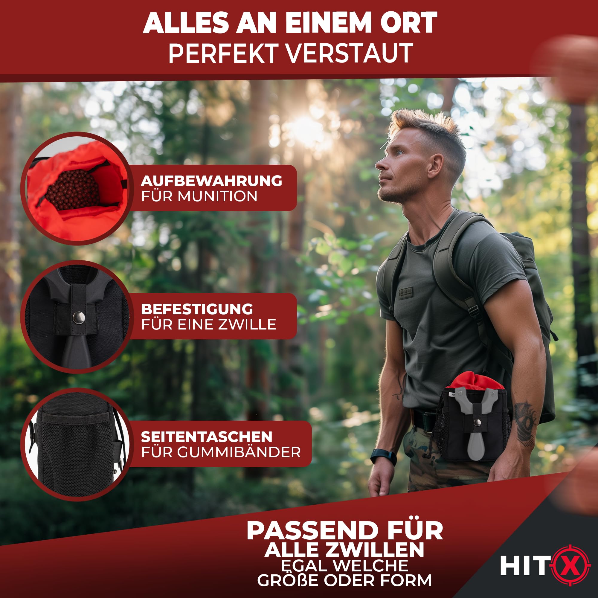 HITX® Steinschleuder Tasche mit Halterung für Zwille | Munitionstasche für Schleuder | Slingshot Beutel mit Gürtelbefestigung und Molle Tasche | Steinschleuder Munition Tasche Ultra Leicht [95g]