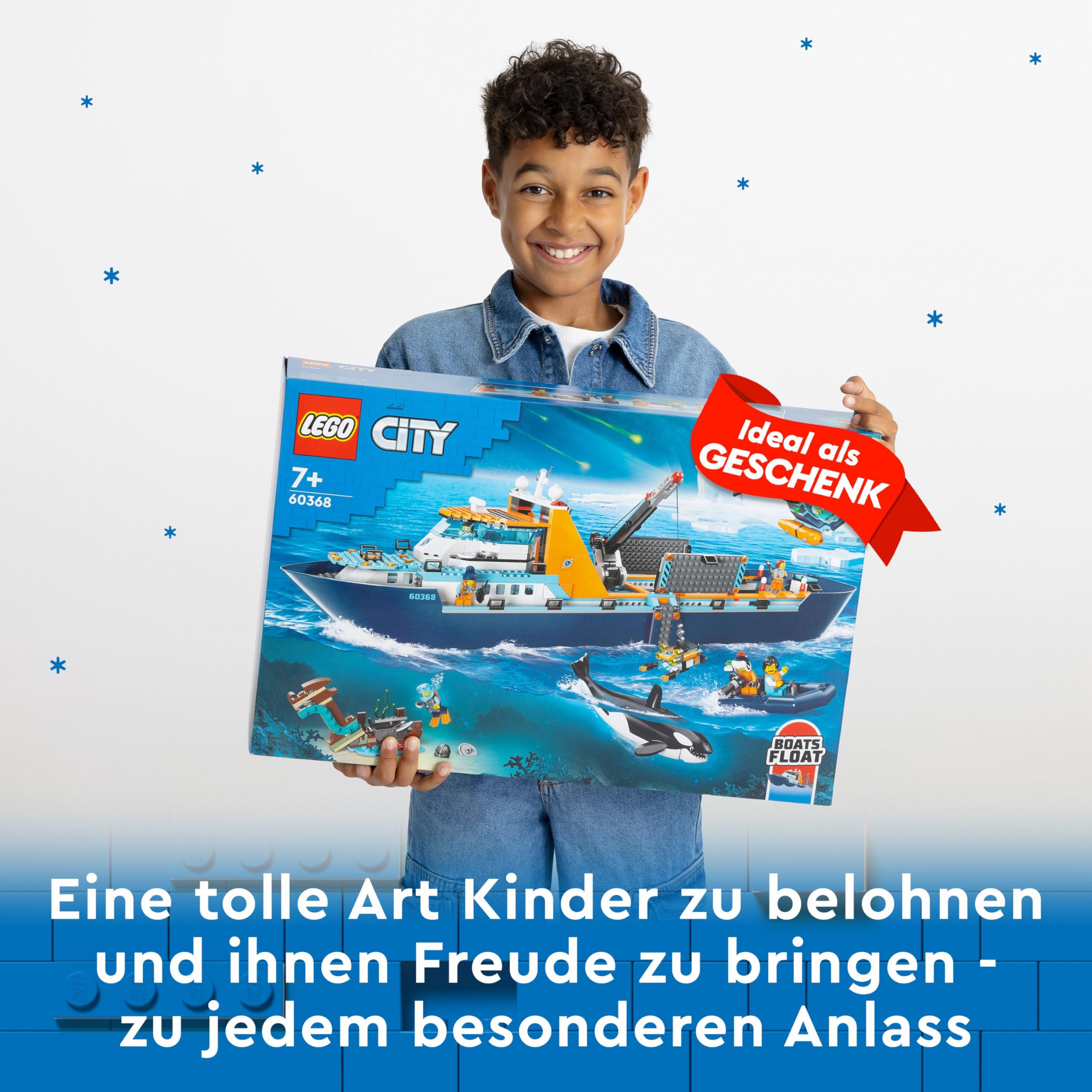 LEGO 60368 City Arktis-Forschungsschiff, großes schwimmfähiges Spielzeug-Boot mit Hubschrauber, Beiboot, ROV-U-Boot, Wikingerschiffswrack, 7 Minifiguren & Orca-Figur, Geschenk für Kinder ab 7 Jahren