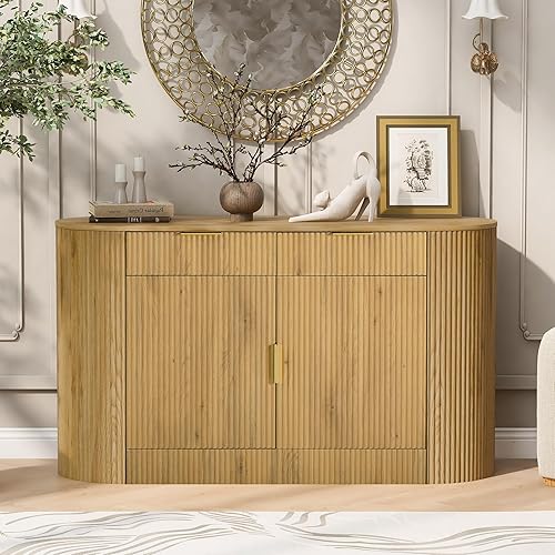 Miniatura 46 de Aparador de armario de almacenamiento curvado con 2 puertas y 2 cajones, mesa consola de entrada de madera de 55 pulgadas con puerta lateral curvada