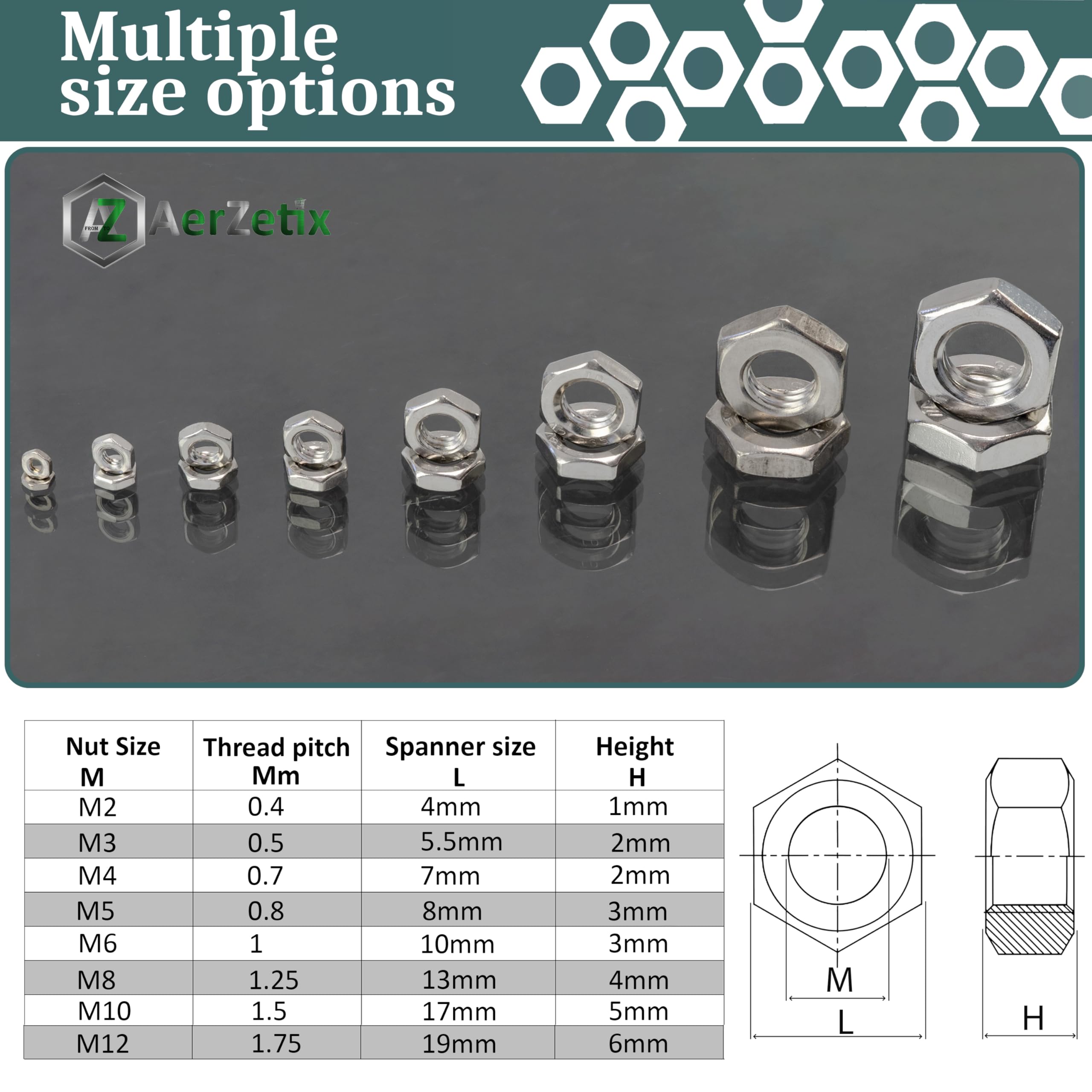 AERZETIX Set di 25 dadi esagonali a profilo basso M8x1.25 mm acciaio argento