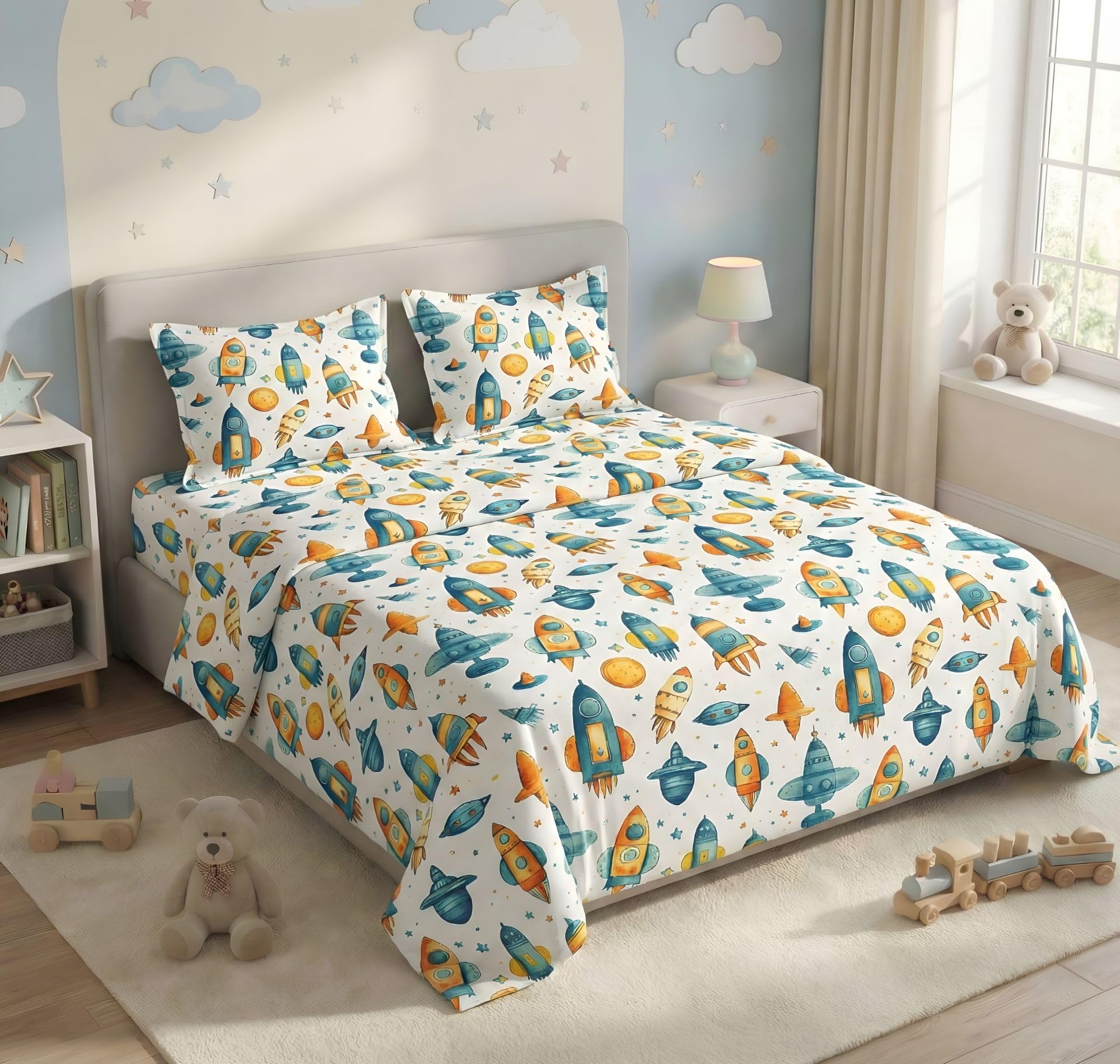 VAS COLLECTIONS 7D Printed Double Bedsheet 300 TC | Soft Cotton Bed Sheet with 2 Pillow Covers | Cute 7D Design for Kids & Couples | Size 90 x 100 Inches (Kid_Rocket_Print)