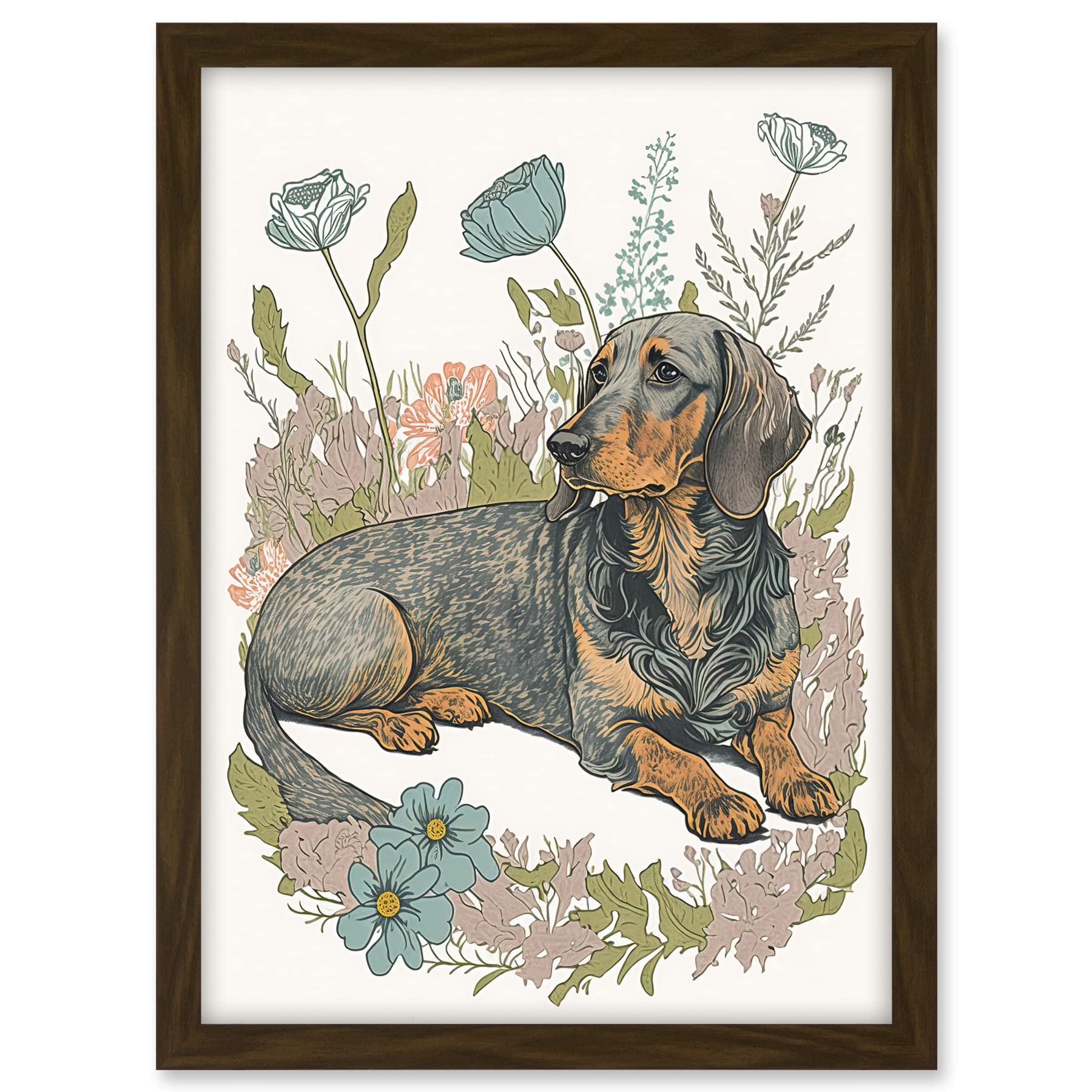 Artery8 Dachshund Dog Lying in Flower Field Pastel Watercolour Illustration Artwork Framed A3 Wall Art Print