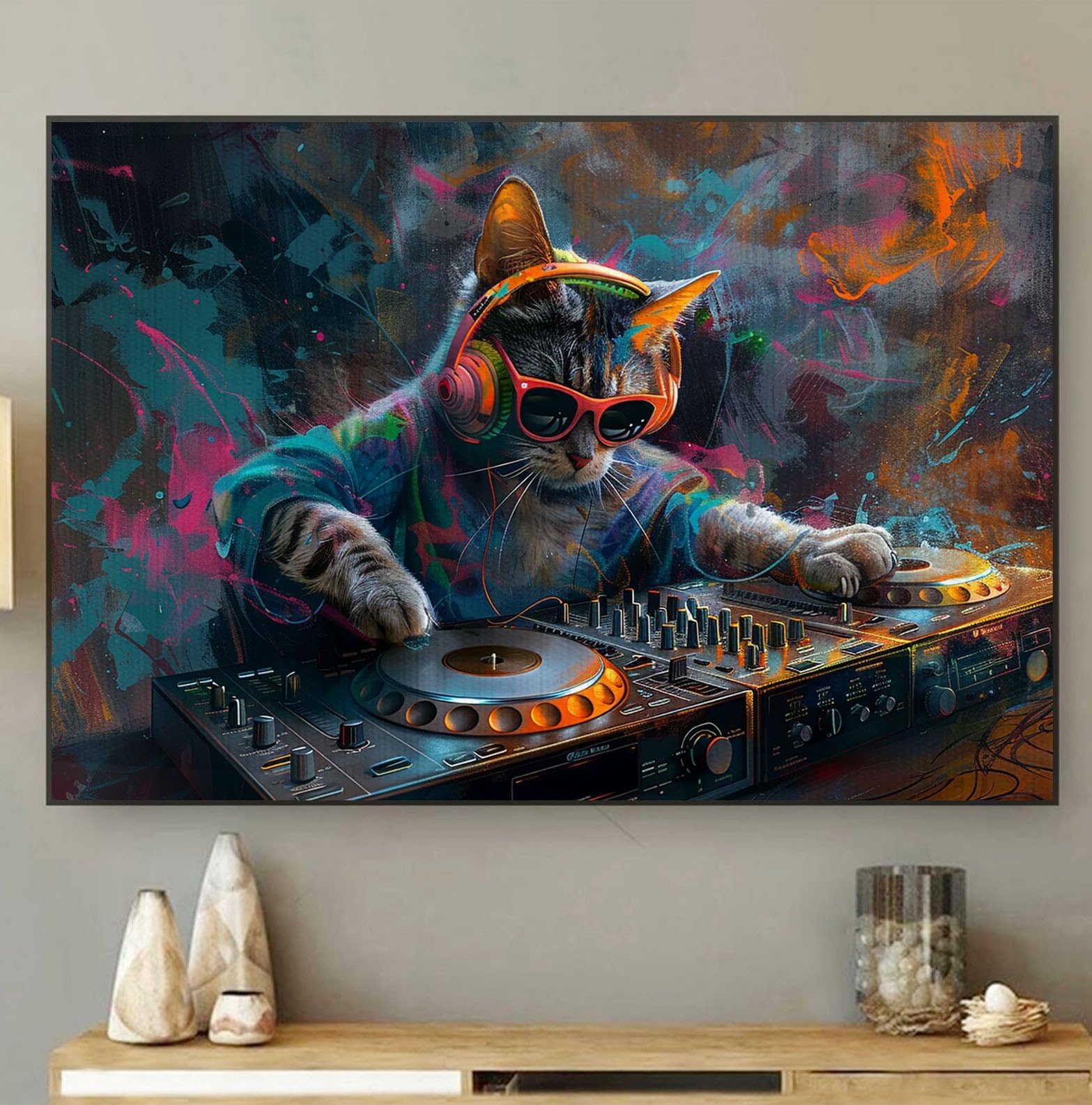 Amazon.com: DINHVBIEN9322 Canvas Print Wall Art- Cat Play DJ in