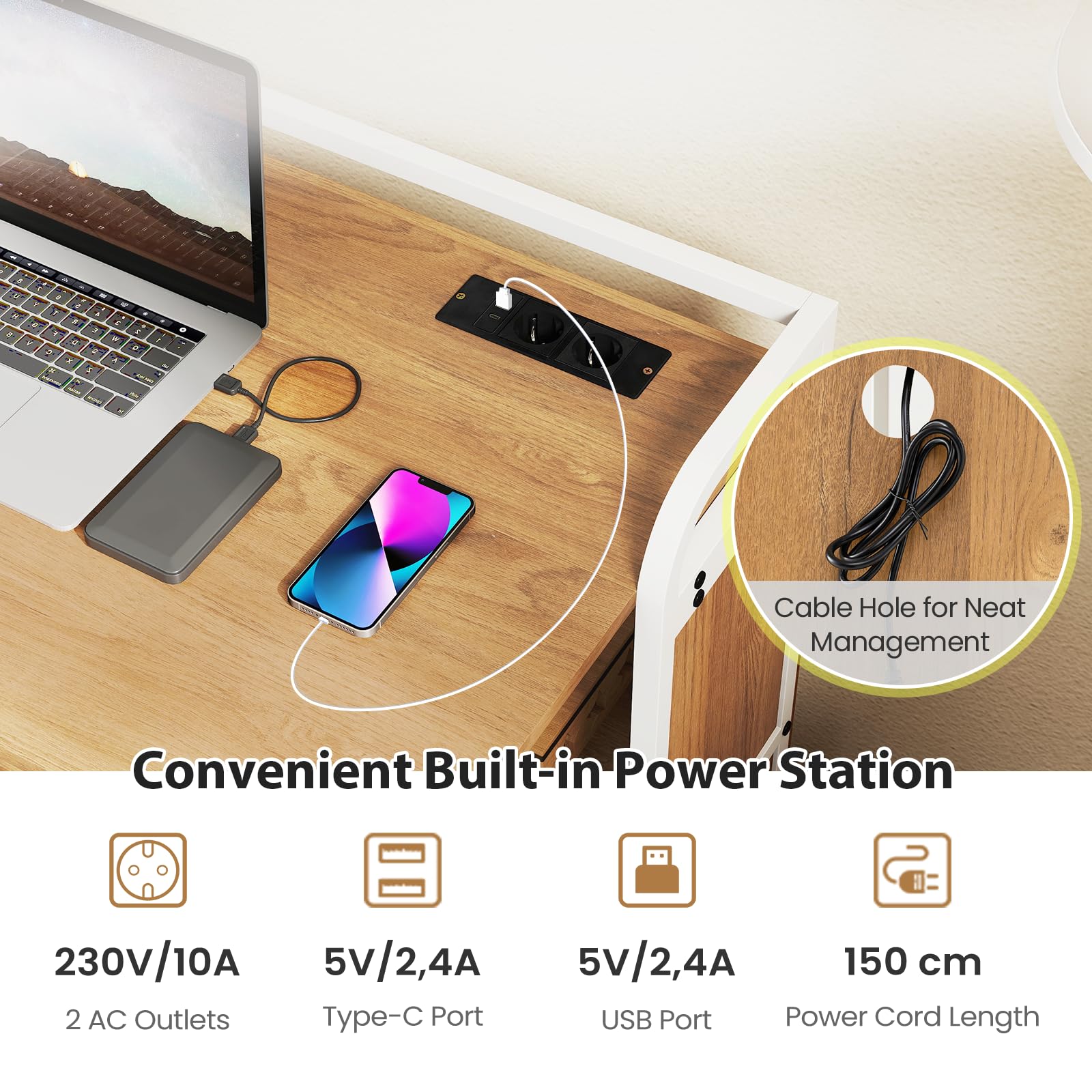 LIFEZEAL Scrivania pieghevole con sgabello, scrivania per computer con 2 ripiani, prese, porta USB e tipo C, salvaspazio, tavolo da ufficio per casa, studio (naturale)