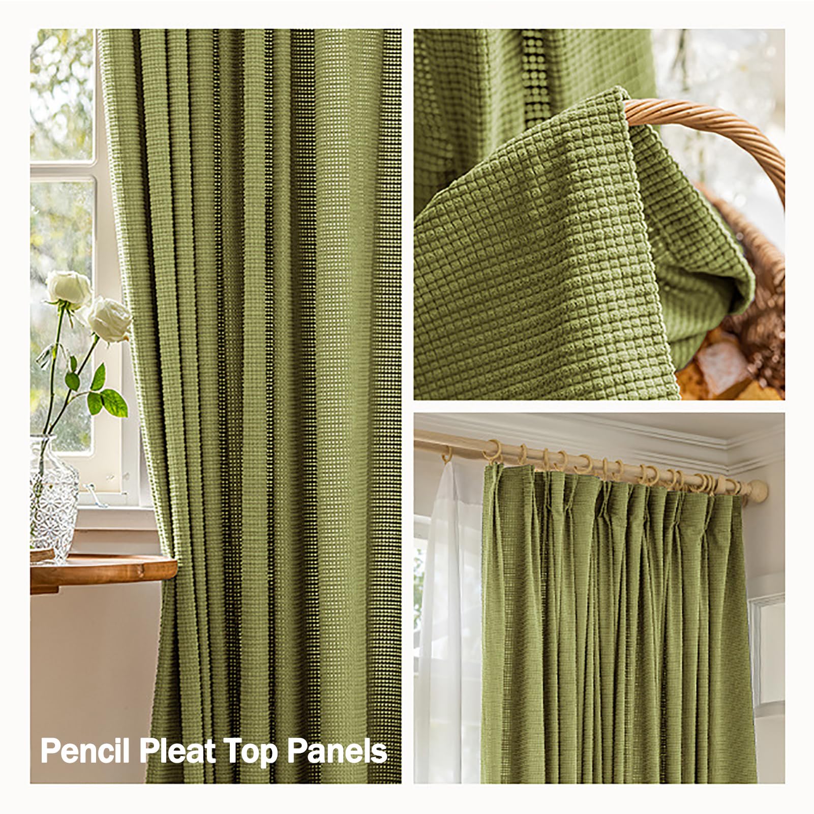 Verde Cortinas Chenille Dormitorio Curtain Opaca Gancho Estilo Japones Curtains Blackout 2 Paneles para Salón Cuarto De Los Niños, W200xL270cm,Green