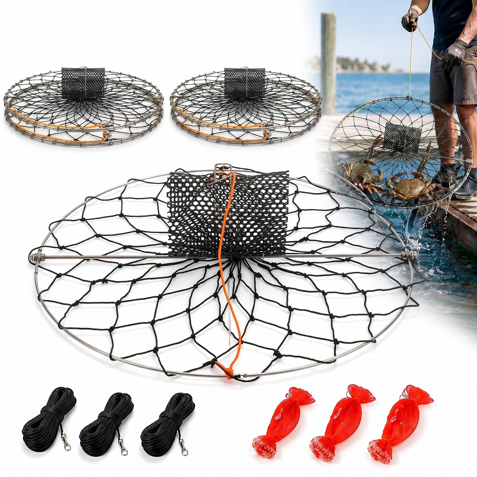 3 Stück 61 cm faltbare Wurf-Krabbenfalle mit 30 m Seilen und Köderbeuteln, 304 Edelstahl, Castable Crabbing Net Handwurfkäfig für blaue Krabben, Dungeness, Krebse