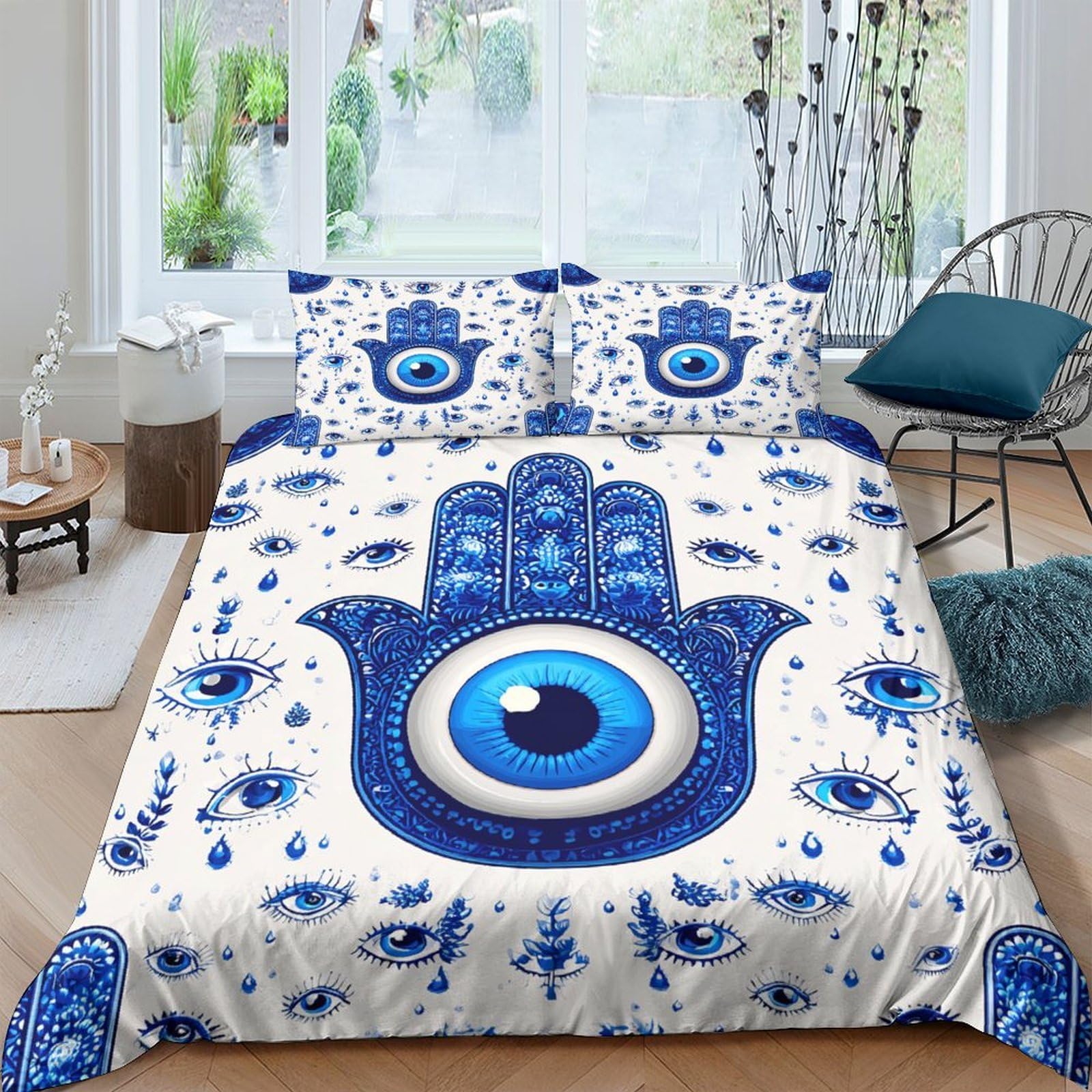 Ctjqhvkz Style-3 3D Printed Blue Hamsa Eye Fitted Sheet Microfiber Soft Breathable Evil Eye Mattress Cover Bedroom Dorm Decor Single（135X200cm）