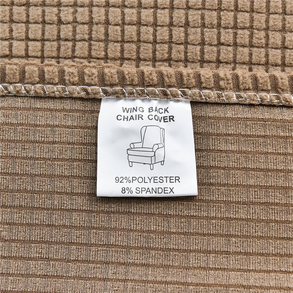 Highdi Housse de Fauteuil à Oreilles Extensible 2-Pièces Couverture de Fauteuil avec Housse de Coussin en T, Couleur Unie Jacquard Épaissir Strandmon Housse de Fauteuil Antidérapante (Chameau)