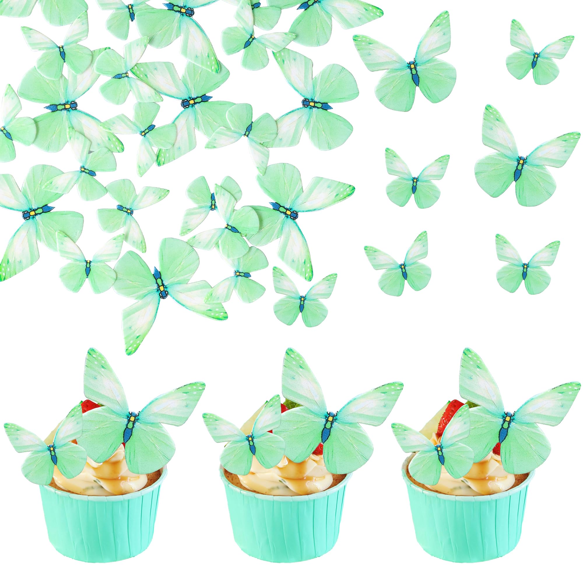 Ephlyn 72Pcs Wafer Paper Butterflies Cupcake Toppers, Edible Butterfly Cake Decorations, Butterfly Theme Birthday Party Decorations for Wedding Birthday Anniversary Party Decorations Green