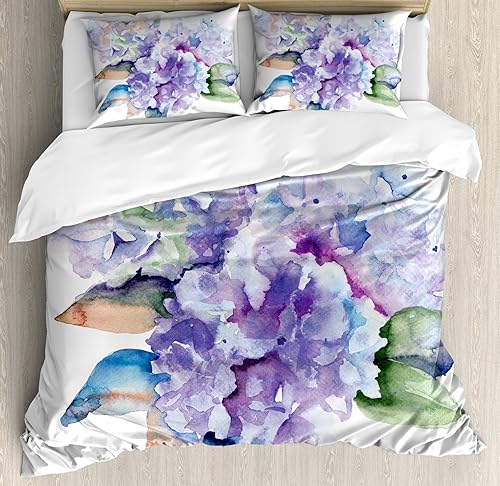 Ambesonne Juego de funda de edredón de acuarela, delicadas flores de hortensias florecientes, arreglo botánico inspirado en boda, juego de ropa de