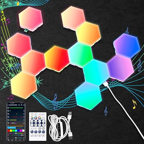 Mindore Paquete de 12 paneles de luz hexagonales, luces LED hexagonales inteligentes RGB con control remoto y sincronización de música, luces LED