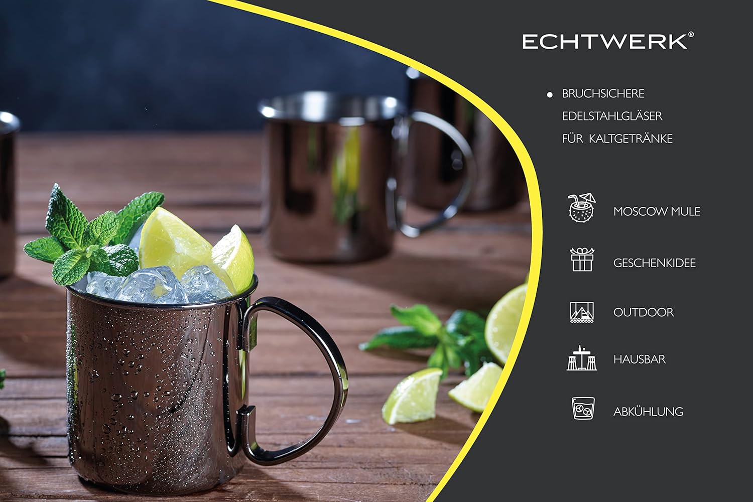 4 Piece Copper Mugs Set, Shatterproof Stainless Steel Glasses, Cocktail Set, Cocktail Glasses Perfect for Gin, Vodka, Beer and Cold Drinks Gift Set, Black Edition, 1000ml
