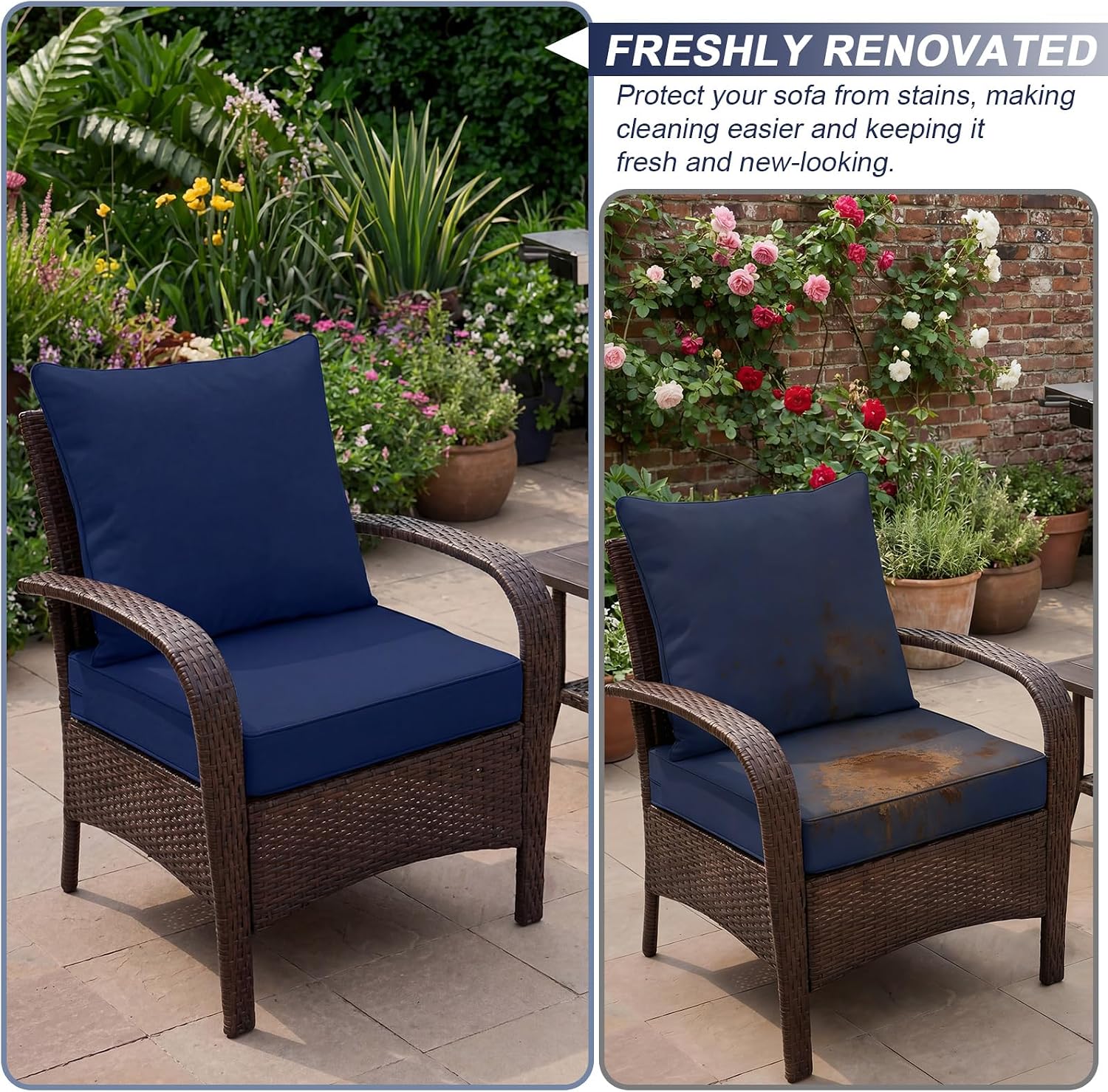 Tingjoo 2 Set 24x24x4 Inch Outdoor Chair Cushions Covers, Waterproof UV Resistant Patio Cushion Replacement Seat Slipcovers, and 24 x 20 Back Covers with Zipper for Furniture, Deep Seat Sofa (Navy)